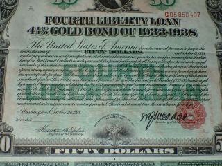 WWI U.  S.  $50 Fifty Dollar Fourth Liberty Loan 4 1/4 Gold Bond 1933 - 1938,  RARE 6