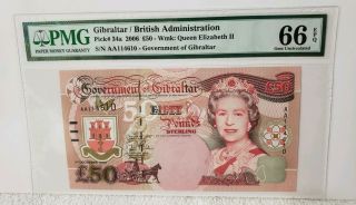 2006 Gibraltar/british Administration 50 Pounds Sterling " Qe Ii " Pmg 66 Epq