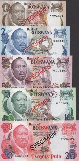 Botswana 1 To 20 Pula Nd.  1979 P 1s To P 5s Specimen Set Uncirculated Banknote