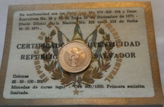El Salvador / 1971 25 Colones Gold Proof Coin In Wallet