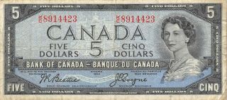 Canada $5 1954 Series K/c Que.  Ii Circulated Banknote Can10