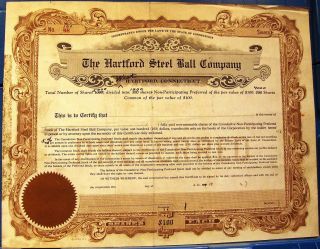 The Hartford Steel Ball Company 19_ Stock Certificate.  State Of Conncticut
