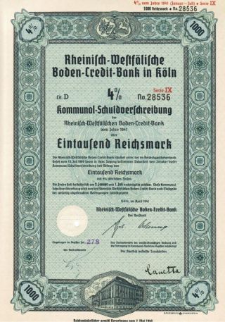 Nazi Era 1000 Reichsmark Bond Certificate From 1941,  Ww 2 Cologne Germany,  608
