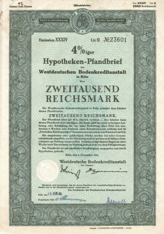 Authentic 2000 Reichsmark Bond Certificate From 1941,  Ww 2 Cologne Germany,  603