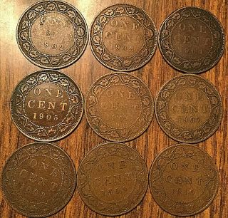 1902 To 1910 Canada Large Cents Complete Set Of Edward Vii Penny (9 Coins)