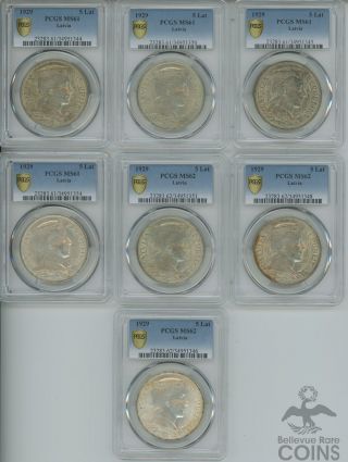 Set Of 7: 1929 Latvia 5 Lati Silver (. 835) Coins Pcgs (4) Ms61 & (3) Ms62 Km 9