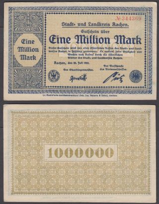 Germany 1 Million Mark 20 - 7 - 1923 (vf, ) Banknote Aachen
