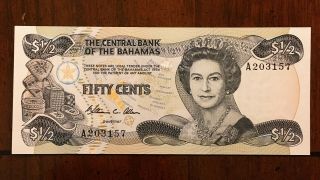 1984 Bahamas 50 Cents Banknote Queen Elizabeth Ii Pick - 42 Choice Uncirculated