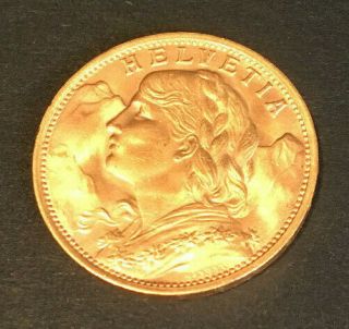 1935 - B Helvetia 20 Fr Swiss Gold Coin - Uncirculated