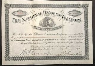 National Bank Of Illinois Stock Certificate,  1893,  Uncanceled