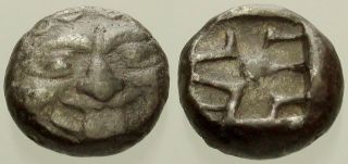 033.  Greek Silver Coin.  Parion,  Ar Drachm.  Gorgoneian / Cruciform Incuse