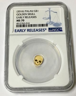2016 Palau G$1 Golden Skull Ms 70 Early Releases 1/2 Gram Gold Coin