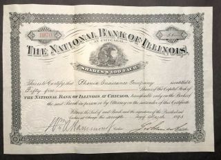 National Bank Of Illinois Stock Certificate,  1893,  Uncancelled