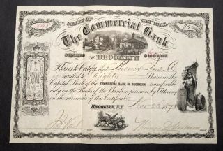 Scarce 1878 Commercial Bank Of Brooklyn Stock Certificate,  Uncancelled