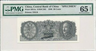 Central Bank China 20 Cents=2 Chiao 1946 Specimen Pmg 65epq