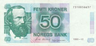 50 Kroner Very Fine Banknote From Norway 1990 Pick - 42c