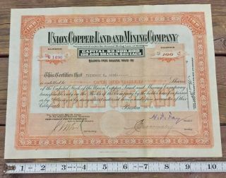 Union Copper Land And Mining Company Michigan Stock Certificate 1930 Orange