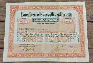 Union Copper Land And Mining Company Michigan Stock Certificate 1930 Orange 2