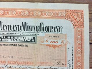 Union Copper Land And Mining Company Michigan Stock Certificate 1930 Orange 4
