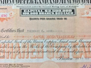 Union Copper Land And Mining Company Michigan Stock Certificate 1930 Orange 7