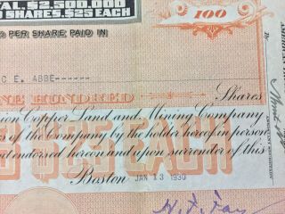 Union Copper Land And Mining Company Michigan Stock Certificate 1930 Orange 8