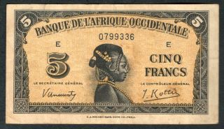 1942 French West Africa 5 Francs Note.