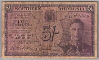 561 - 0038 Southern Rhodesia| Kgvi Currency Board,  5 Shillings,  1948,  P 8b,  F - Vf
