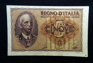 1940 Italy Kingdom Fascist Eagle Banknote 5 Lire Xf Impero