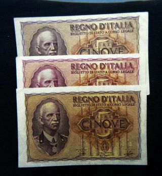 1940 ITALY Kingdom Fascist EAGLE Banknote 5 lire XF IMPERO 3