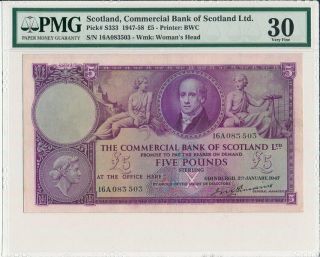 Commercial Bank Of Scotland Ltd.  Scotland 5 Pounds 1947 Prefix A Pmg 30