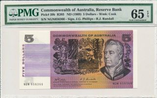 Reserve Bank Commonwealth Of Australia $5 Nd (1969) S/no 6x6x66 Pmg 65epq
