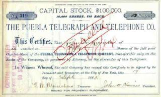1883 Puebla Telegraph & Telephone Co Stock Certificate