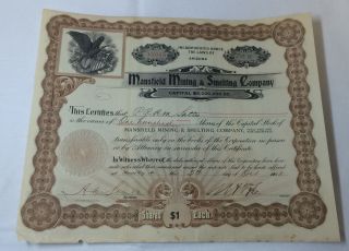 1908 Obsolete Mansfield Mining & Smelting Co Of Az Stock Certificate 100 Shares