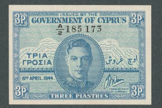 Cyprus 3 Piastres 1944 P 28a British King George Kgvi Choice Unc Top Quality