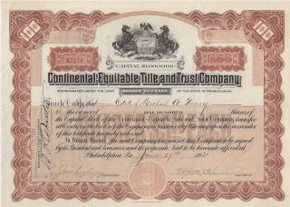 Continental - Equitable Title And Trust Company.  1929 Stock Certificate