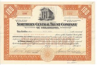 Northern Central Trust Company (of Philadelphia).  1930 Stock Certificate