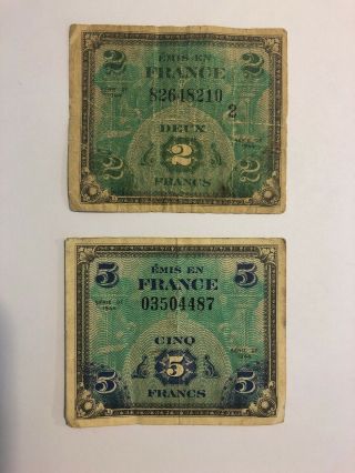 Emis En France French 2 & 5 Franc Notes Wwii Allied Military Currency (amc) 1944