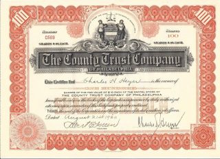 The County Trust Company Of Philadelphia.  1930 Stock Certificate