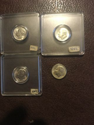 4 Roosevelt 90 Silver Dimes Uncirculated 1946 1947 D 1962 D And 1964
