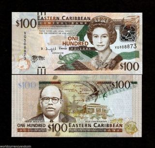 East Caribbean States 100 Dollar P55 2012 - 2018 Queen Turtle Cricket Bar Unc Note