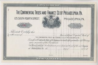 19th Century Continental Trust And Finance Co Of Philadelphia Stock Certificate