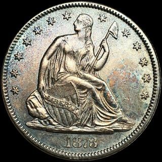1873 Seated Liberty Half Dollar Highly Uncirculated Silver Coin Rainbow Tone Bu