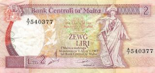 Malta 2 Liri L.  1967 / 1989 P 41 Series A/7 Circulated Banknote Ered