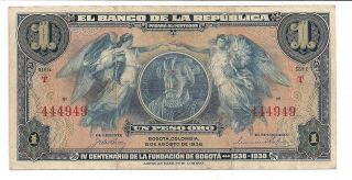 Colombia 1 Pesos De Oro 6 De Agosto 1938 Serie T Vf