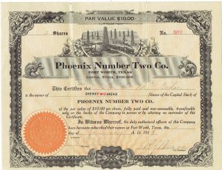 1919 Phoenix Number Two Company Stock Certificate 2 Shares Ft Worth Tx
