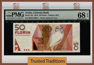 Tt Pk 18c 2012 Aruba - Centrale Bank 50 Florin " Owl " Pmg 68 Epq Gem Unc