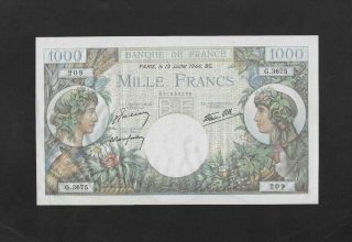 Unc Without Pinholes 1000 Francs 1944 France