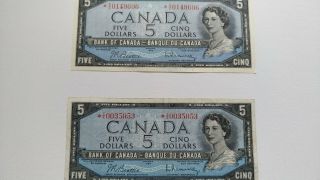 1954 Bank Of Canada Two $5 Five Dollar Bills