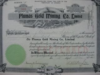 Plumas Gold Mining Company 1903 Arizona Stock Certificate 500 Shares