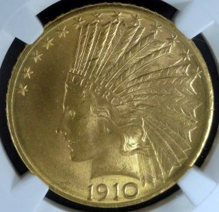 1910 - D Denver $10 Indian Eagle Gold Coin Ngc Ms - 62 For The Grade